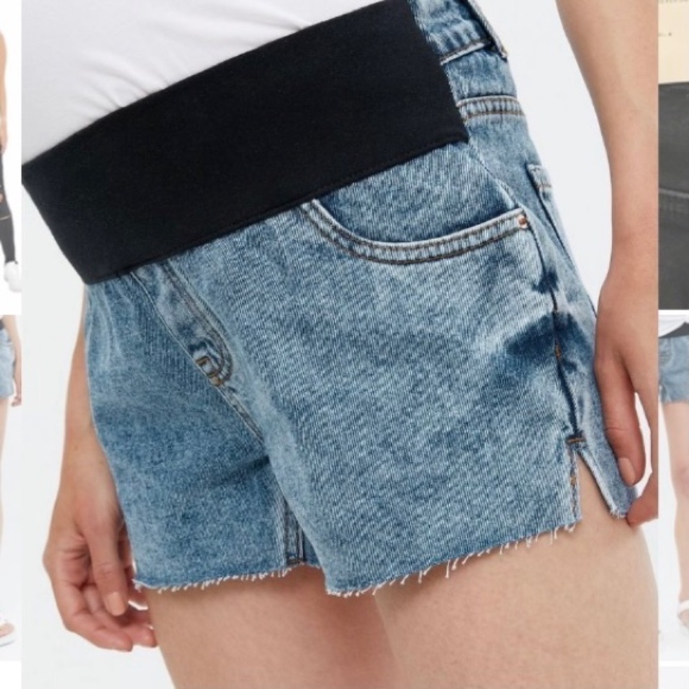 Maternity Blue Denim Raw Hem Under Bump Shorts - Picture 4 of 10